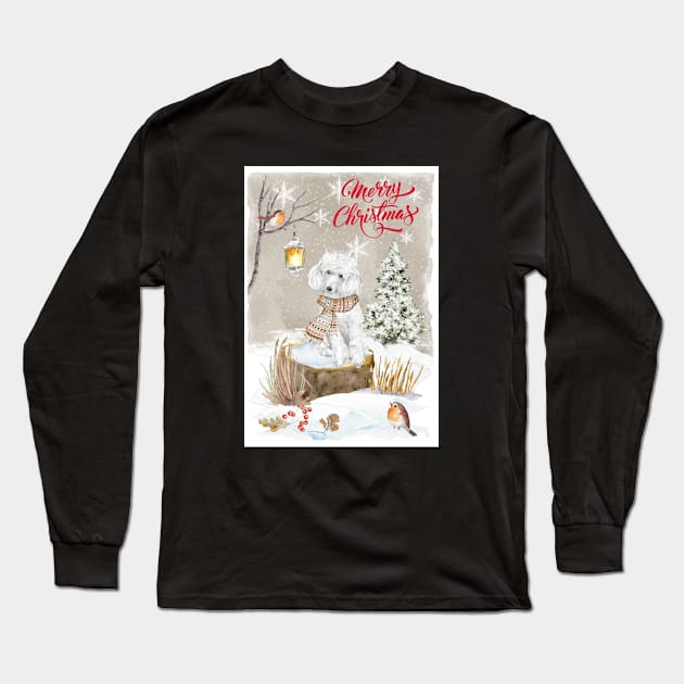 White Poodle Merry Christmas Santa Dog Long Sleeve T-Shirt by Puppy Eyes